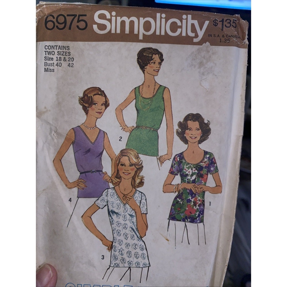 1970s Simplicity Blouse Sewing Pattern 7234 Misses Sizes 18 and 20 Bust 40 an 42